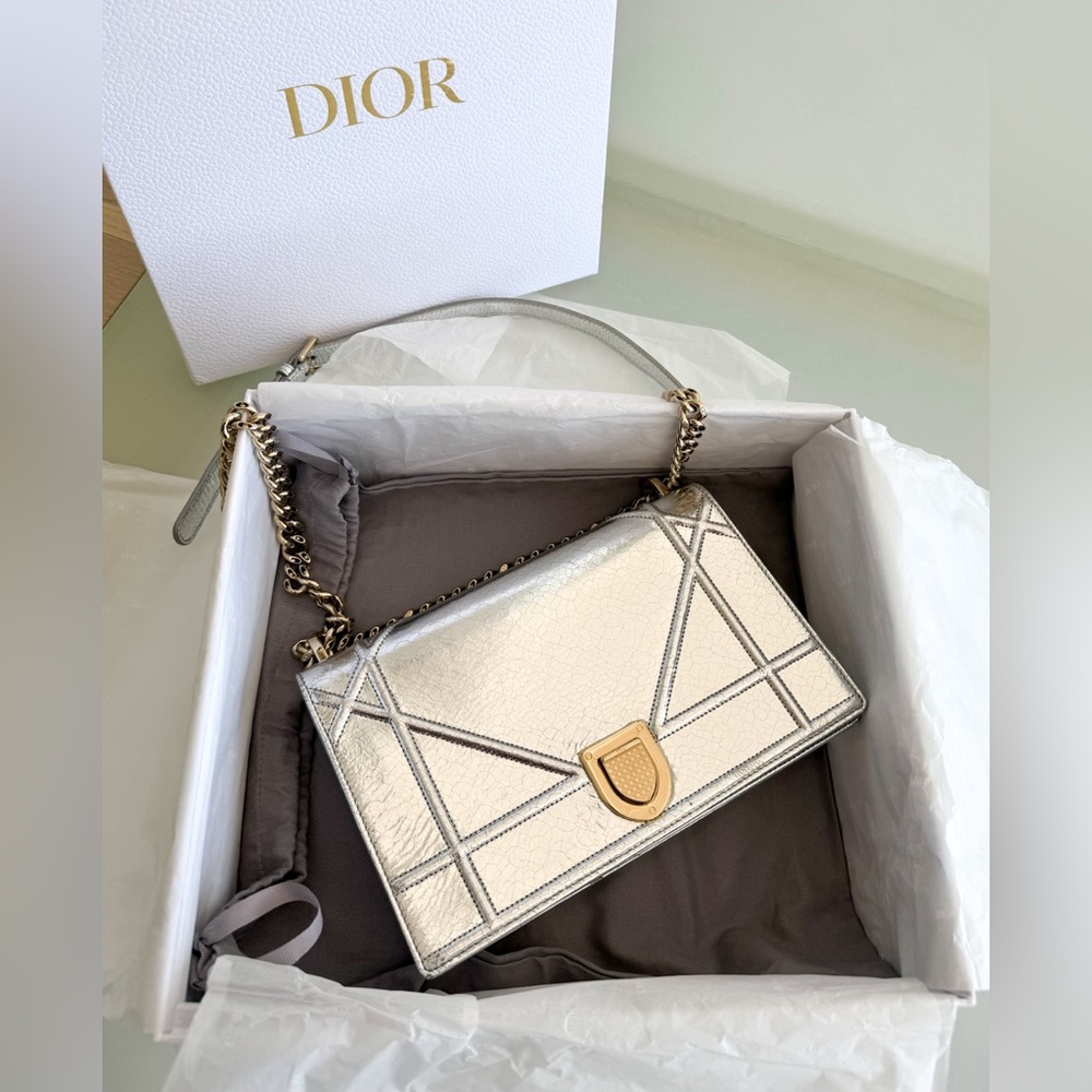 Christian Dior 💎 $3,900 Diorama Medium Metallic Leather Bag with package